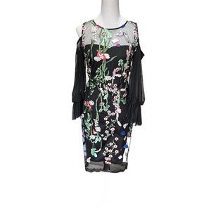 JAX Black Label Floral Print Dress w/ Sheer Sleeves / Color: Black / Size: 6